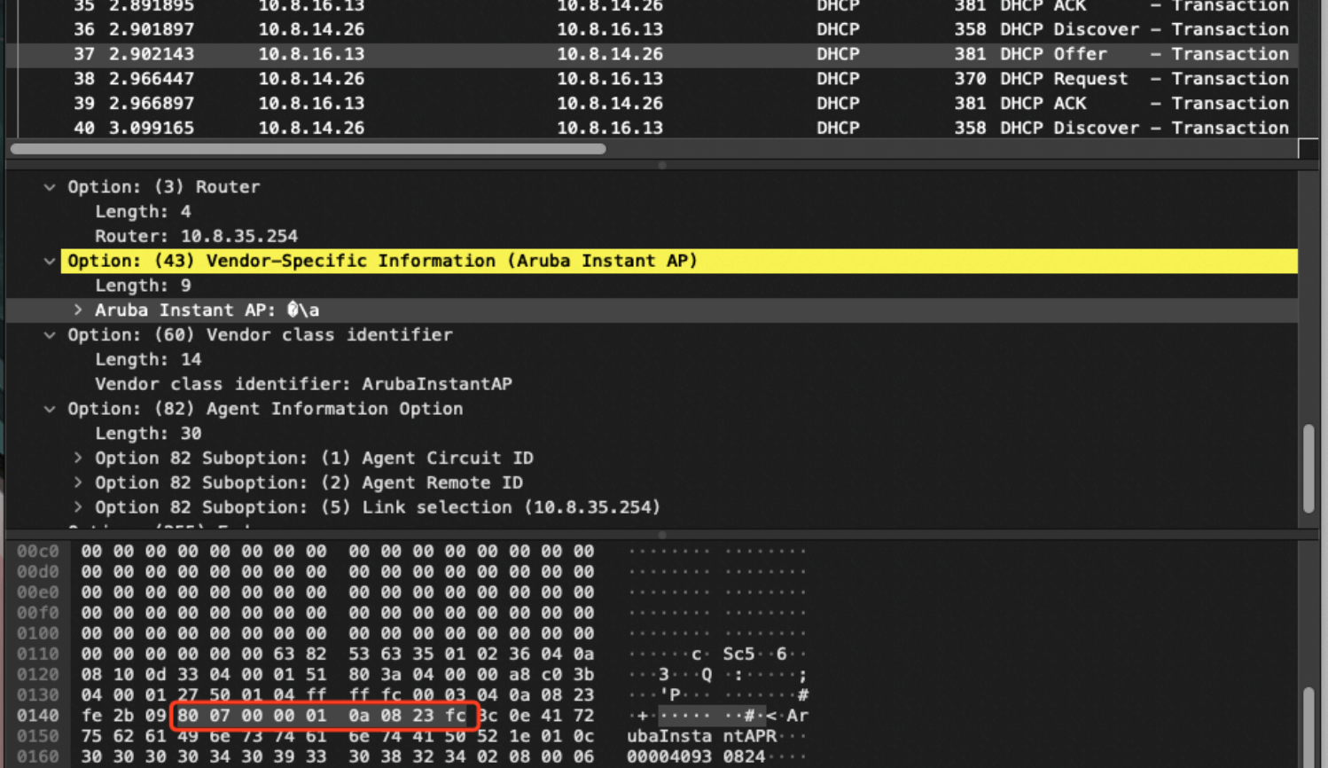 ip to hex option 43 aruba